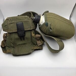 Vtg Military Surplus Canteen Web Belt and Pouch Set Olive Drab Green Tactical
